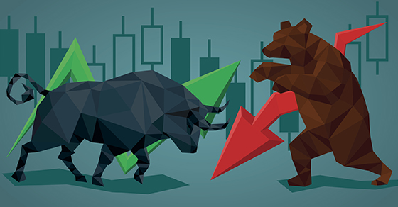 Vector illustration in polygonal style. Financial graph background. Bull and bear with financial graph. Financial graph background.