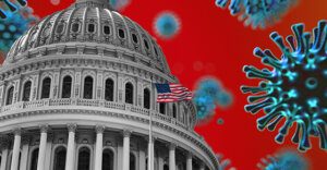 picture of congressional house, american flag and virus to symbolize a relief package