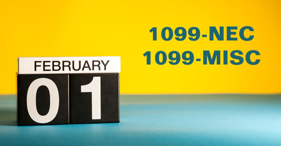 graphic with a date calendar turned to "February 01". Next to that is the text "1099-NEC" and "1099-MIC"