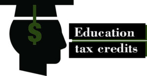 profile of a person with a graduation hat on and a money symbol on the side of their face. Next to the face is a black box with white text that reads "Educations tax credits" 