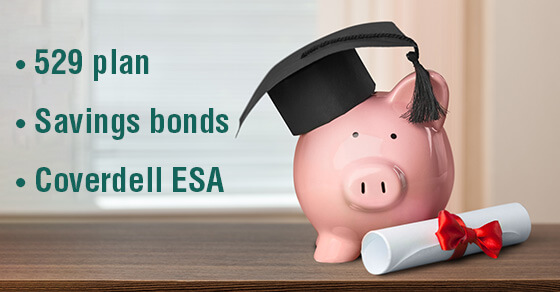 Image of a piggy bank on a table wearing a graduation cap and holding a diploma. The words next to it say "529 plan", "savings bonds", and "Cloverdell education savings accounts"