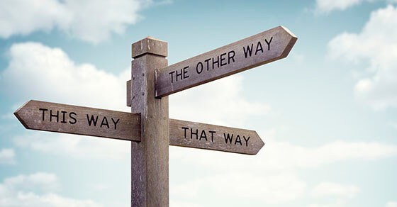Crossroad signpost saying this way, that way, the other way concept for lost, confusion or decisions