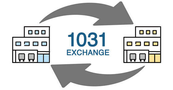 image of two buildings with arrows coming to/from the and the text "1031 Exchange" written in-between them.