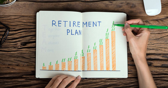 Open book with a chart escalating higher and the words "Retirement Plan" across the top.