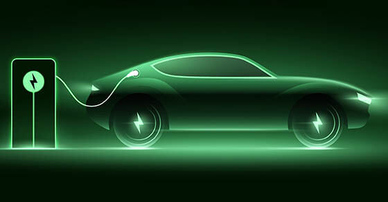 Electric car charging on the station, vector illustration. Green neon glowing EV vehicle filling up a battery. Modern hybrid SUV or sports car design with voltage symbol on the wheels.