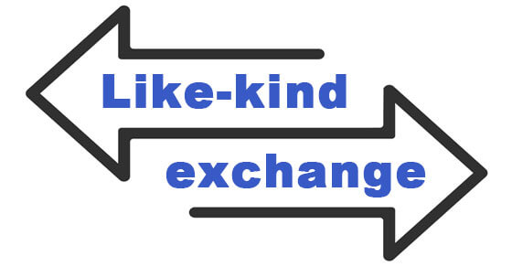 arrow pointing left and an arrow pointing right with the works "like-kind exchange" written