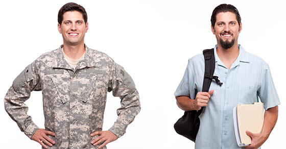Soldier and young man with backpack smiling