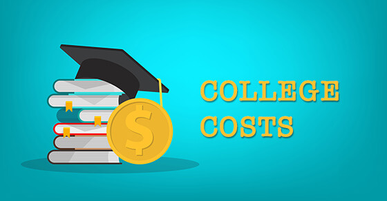 Image of a graduation cap on a stack of books with a dollar sign next to them, and the text "College Costs"