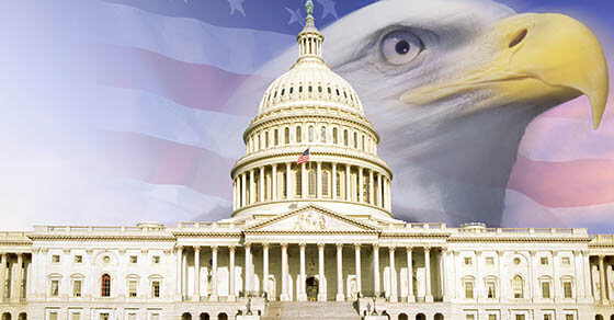 Digital composite: U.S. Capitol with American eagle and flag