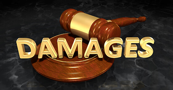 A wooden gavel with the word "DAMAGES" in gold text written across the image.