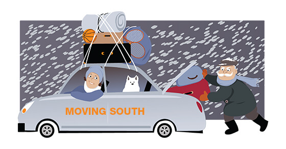 cartoon of a car with moving bags inside, in the snow, with "moving south" on the door.