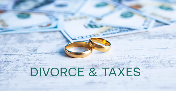 money on a table next to wedding rings with the text "Divorce & Taxes"