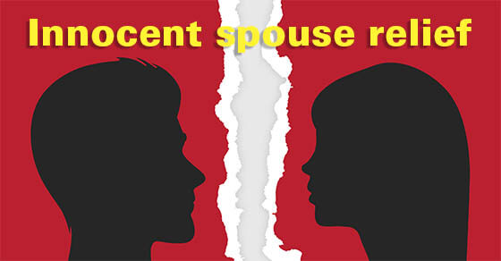 silhouette of a man and a woman with a line down the middle and the words "innocent spouse relief"