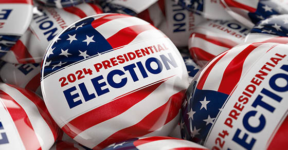 Closeup shot of one presidential election 2024 button in focus in between many other buttons in a box. Selective focus with shallow depth of field. 3D illustration.