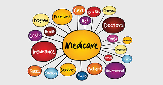 A diagram with "Medicare" at the center, surrounded by related terms in colorful circles: "Premiums," "Care," "Benefits," "Doctors," "Drugs," "Government," "Patient," "Plans," "Services," "Surgery," "Taxes," "Insurance," "Costs," "Health," "Program," "Act," "Changes," "Prescription," "Enrollment," "Hospital," and "Nurses."